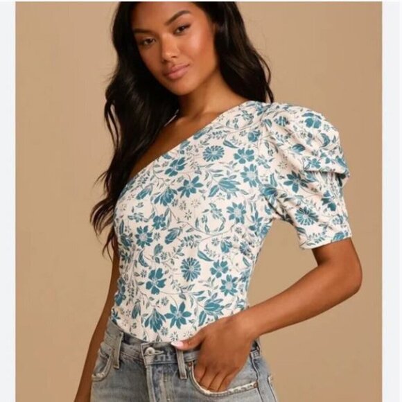 Free People Somethin' 'Bout You Teal Blue Floral One Shoulder Bodysuit - Size XS - Picture 2 of 9